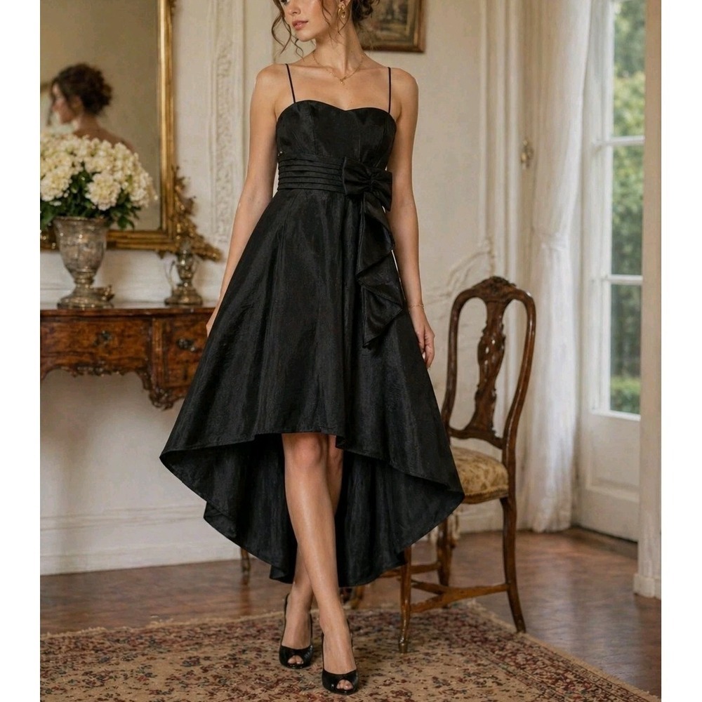 Vintage La Scala Black High Low Dress Strapless Bow Cocktail Party Small